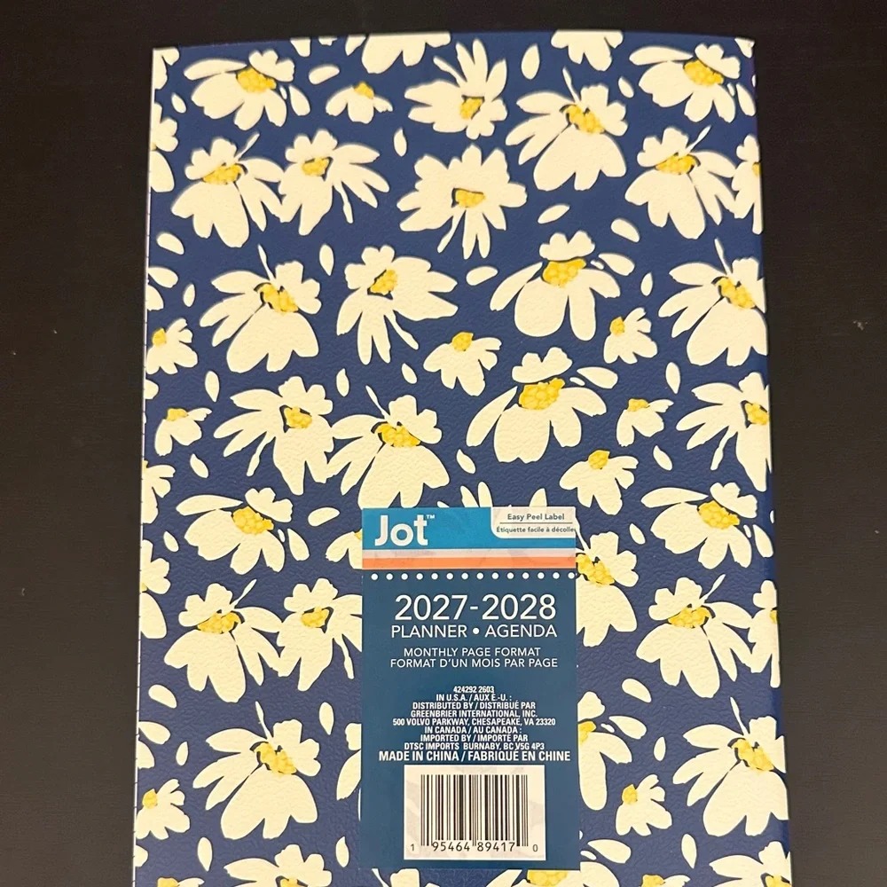 2027-2028 Floral Monthly Planner - Navy & White